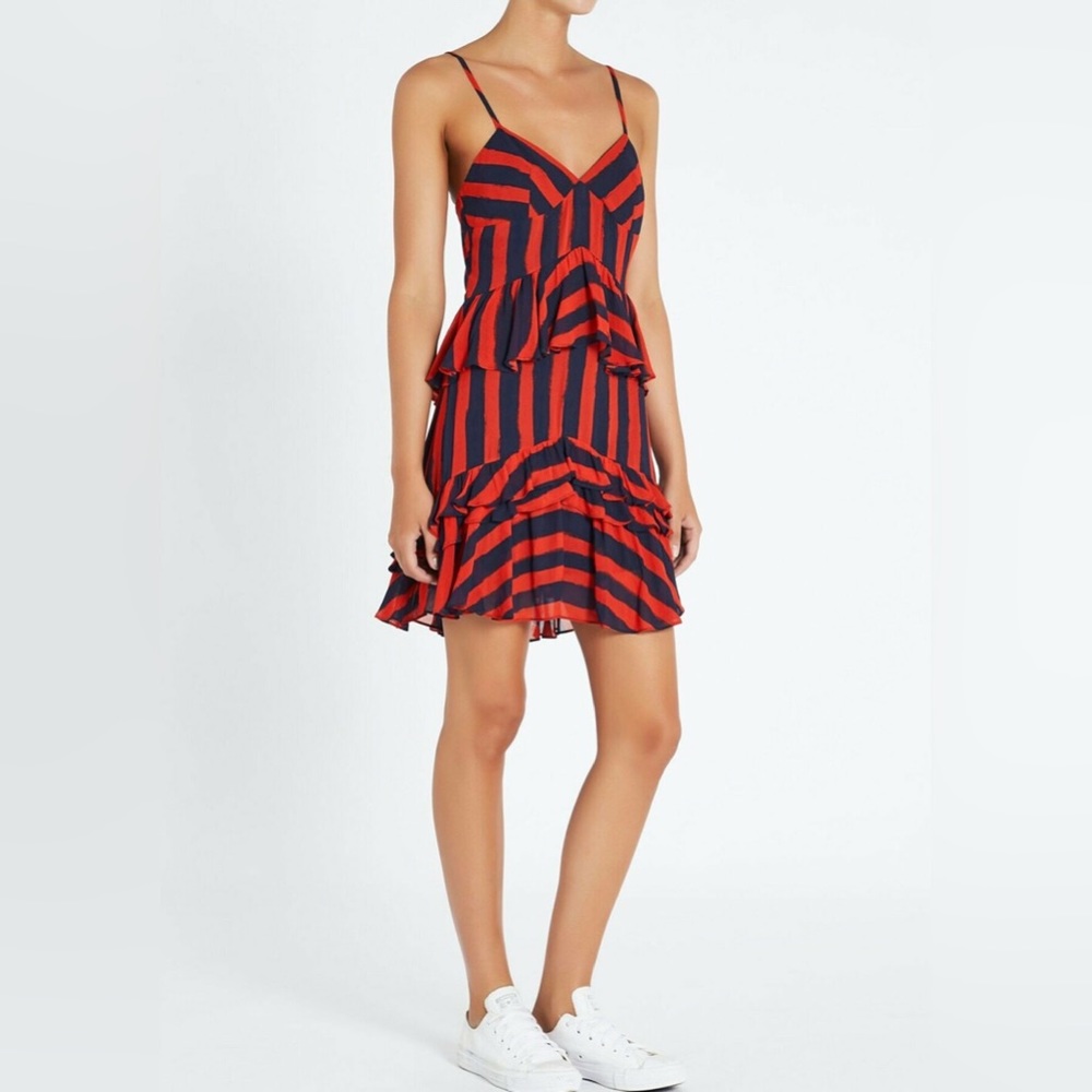 SASS & BIDE Palais Royale Red Navy Blue Stripe Ruffle Hem Cami Mini Dress - Picture 3 of 9